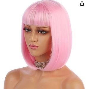 Light pink short Bob hair wig 12” straight with flat bangs